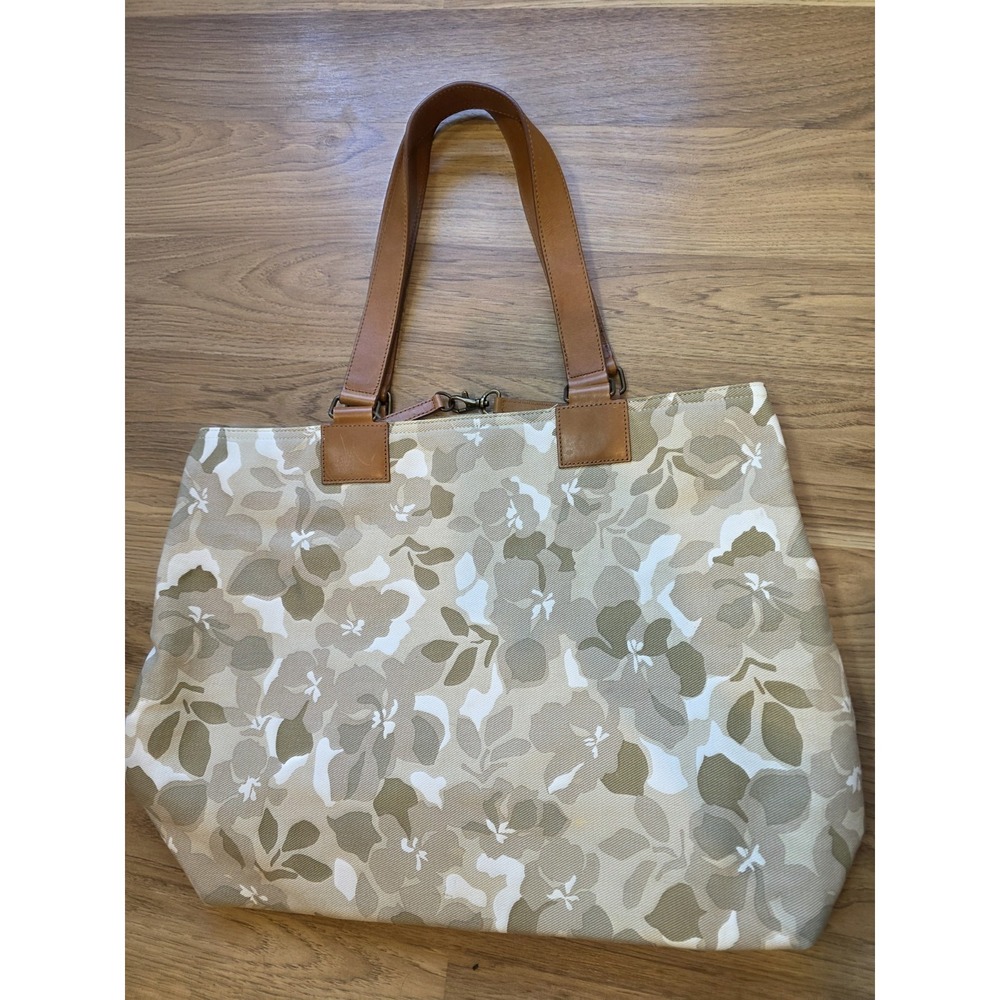 Eddie Bauer Tote Bag Hawaiian Canvas‎ Leather Straps Beige Neutral Tone Medium